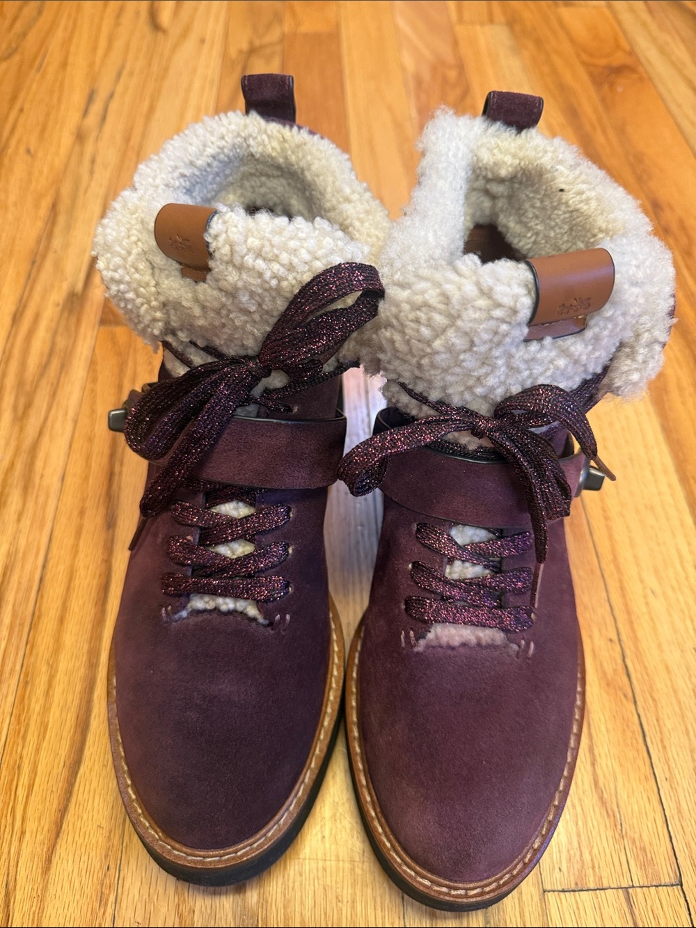 Coach Burgundy Suede Shearling-Trim Ankle Boots - Picture 6 of 7